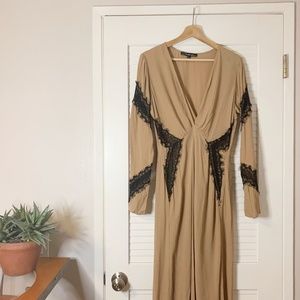 For Love & Lemons Goddess Tan and Black Lace Maxi Dress